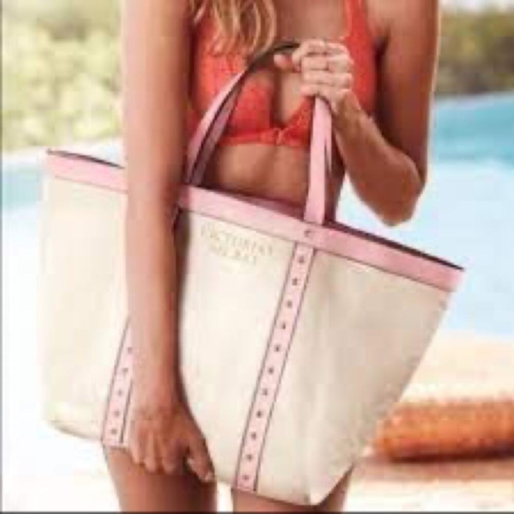 Victoria’s Secret Off White Canvas Tote with Pink Trim & Gold Studs.  Preowned.